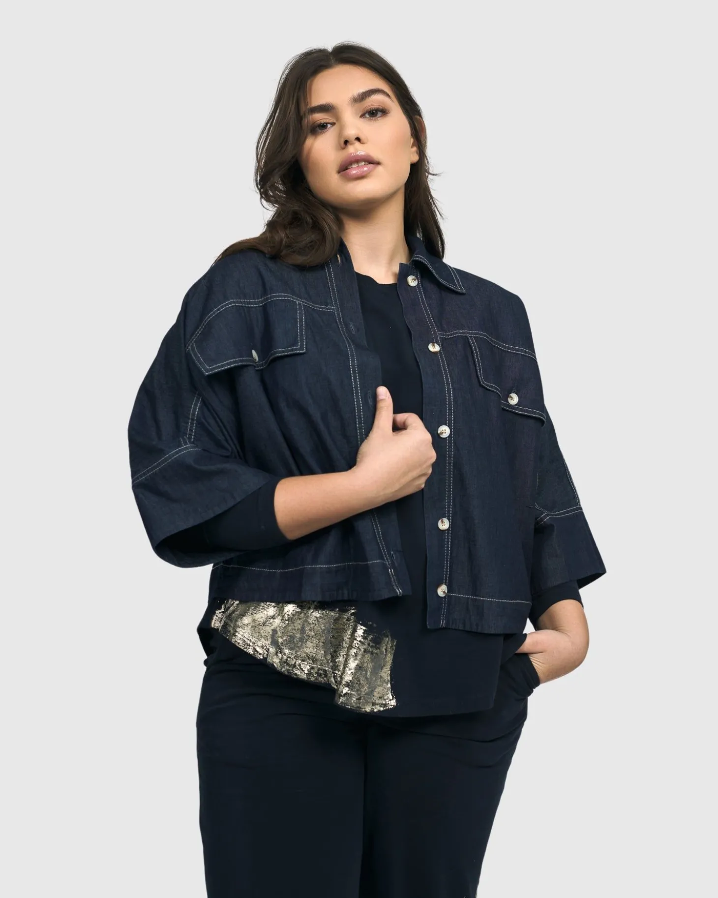 Women Alembika Dallas Cropped Shirt Jacket, Denim