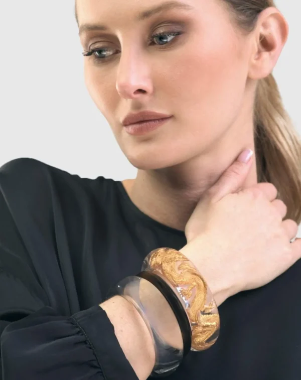Women Alembika Dragon Inlay Bangle Bracelet, Gold
