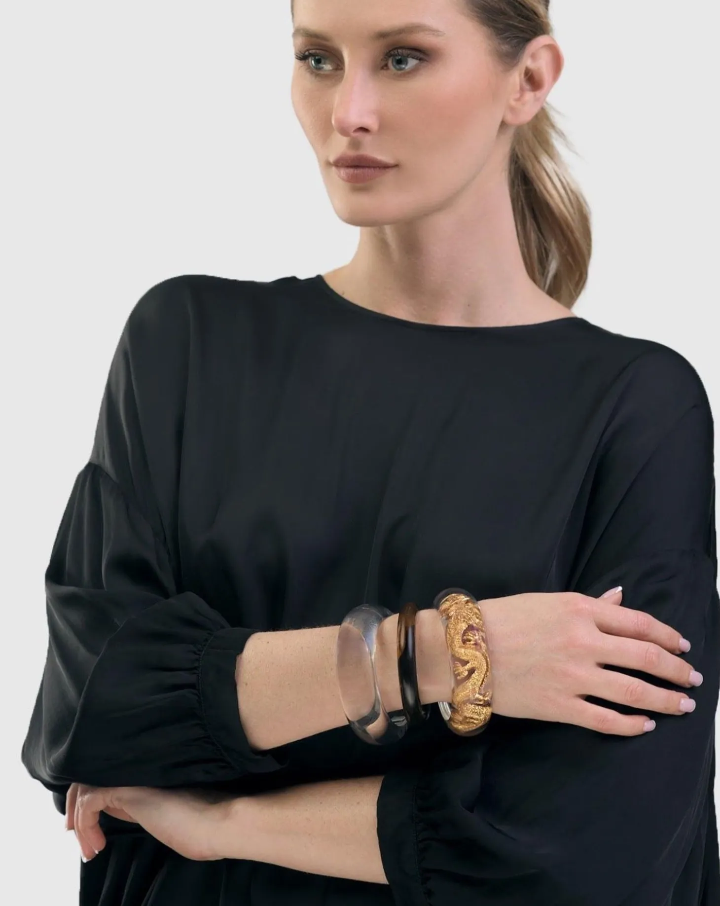 Women Alembika Dragon Inlay Bangle Bracelet, Gold