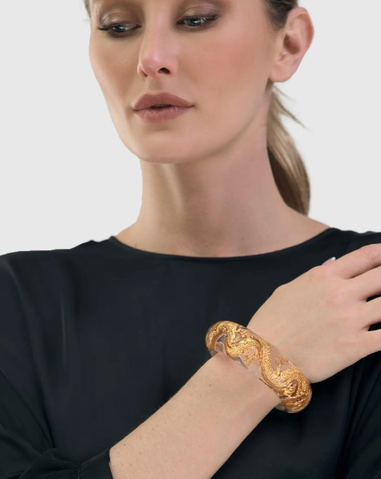 Women Alembika Dragon Inlay Bangle Bracelet, Gold
