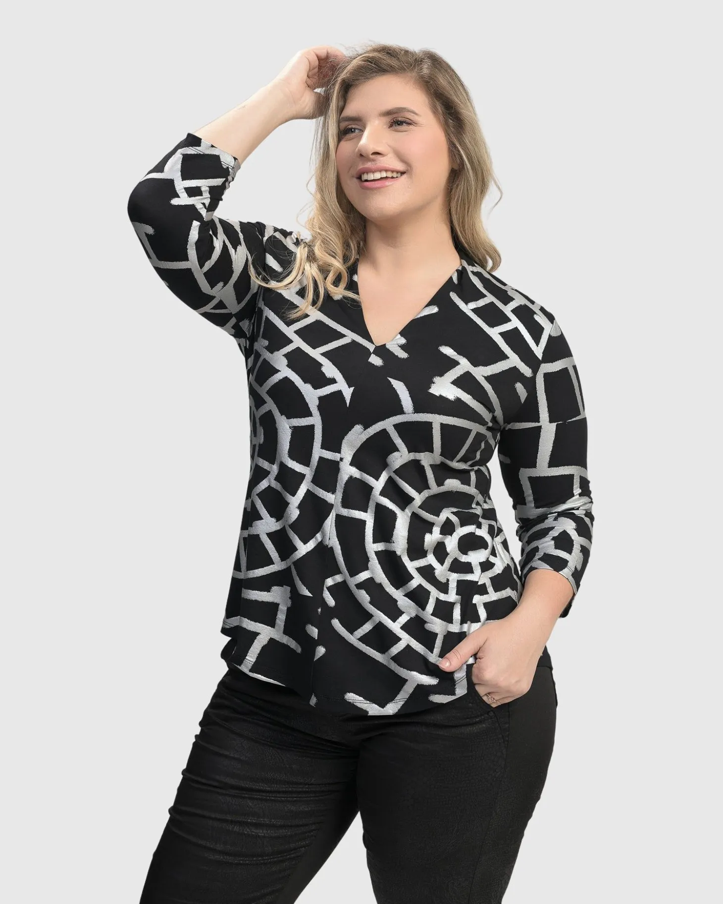 Women Alembika Hypnotic Signature V Neck Top, Silver