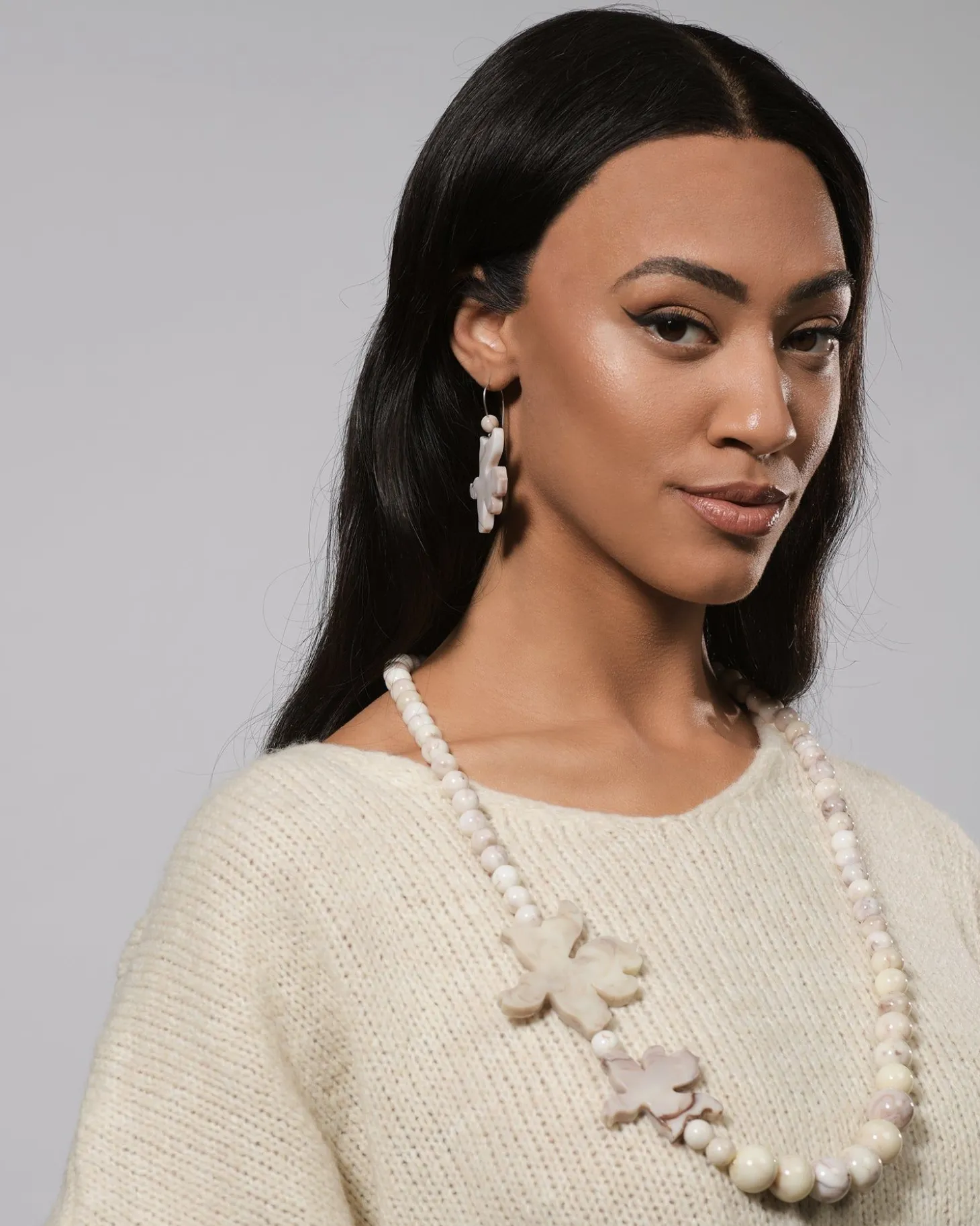 Women Alembika Lotus Hook & Bead Earrings, Oat