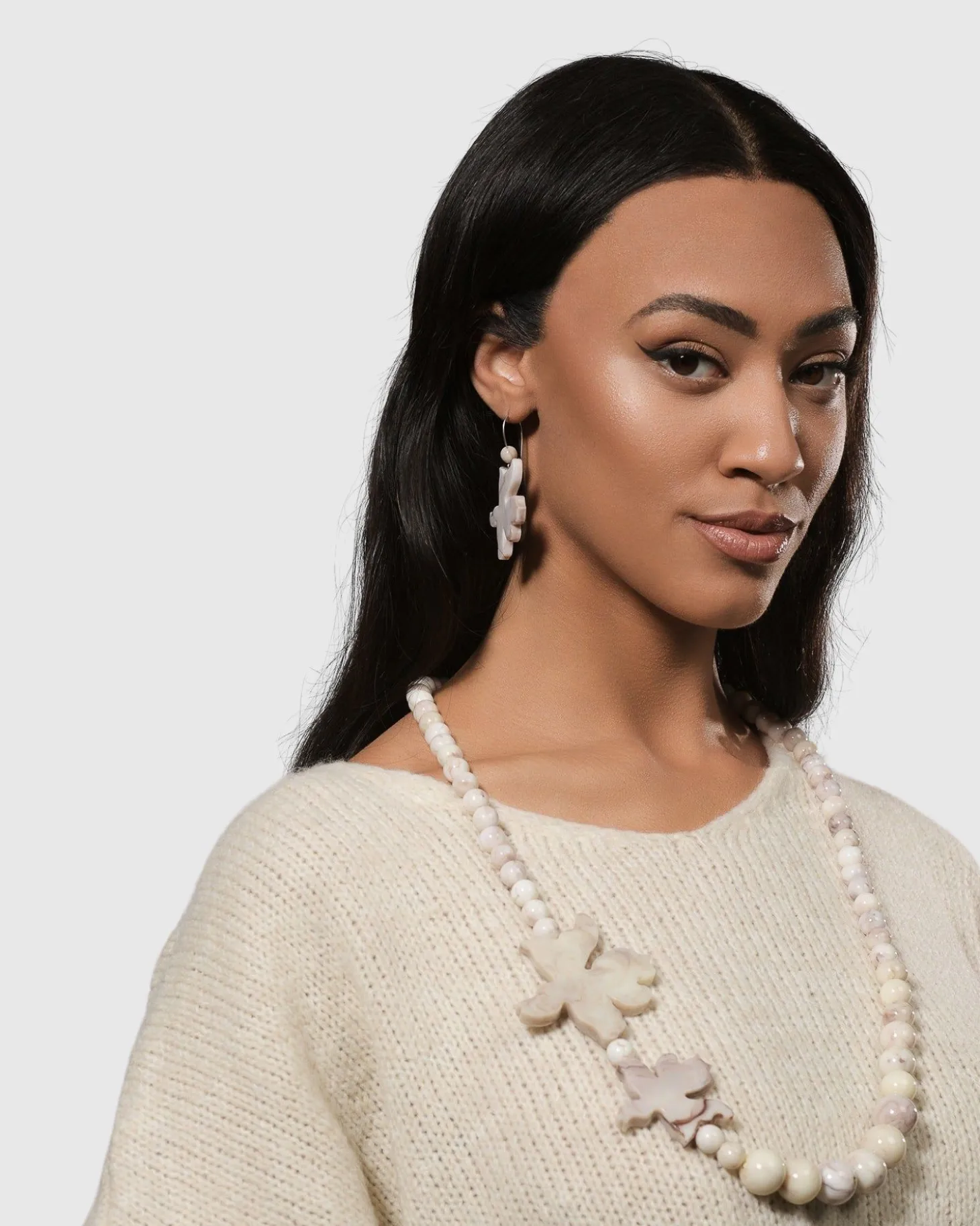 Women Alembika Lotus Hook & Bead Earrings, Oat