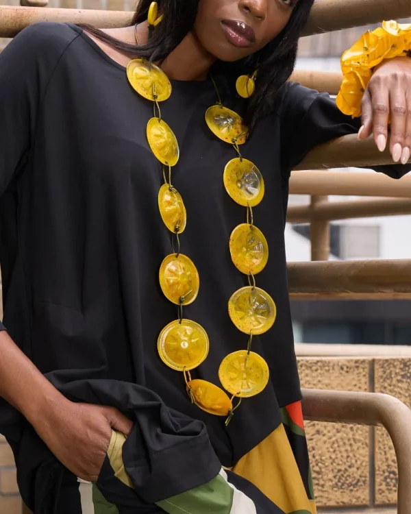 Women Alembika Recycled Bottle Painted Necklace, Yellow