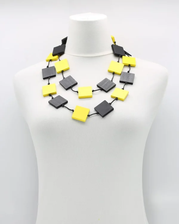 Women Alembika Recycled Wood Square Beads Necklace, Black/Yellow