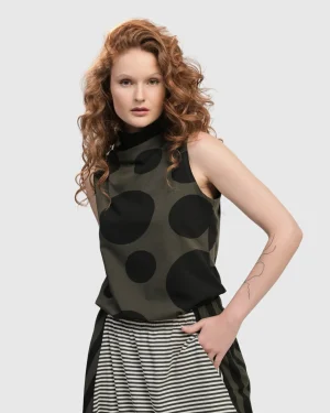 Women Alembika Urban Dots Sleeveless Mockneck Top, Khaki